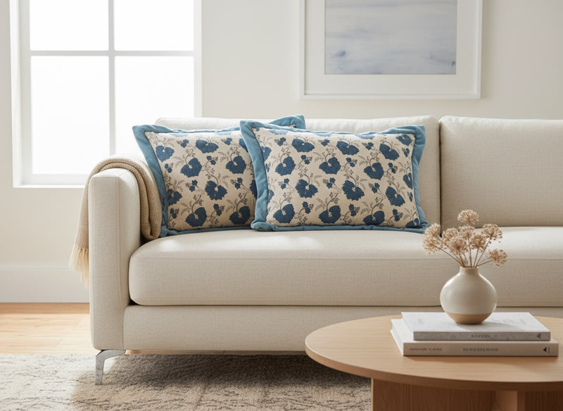 Blue flange cushions on a cream sofa in a bright living room