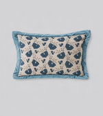 Blue flange lumbar cushion cover with a blue floral print on cream and a wide velvet border
