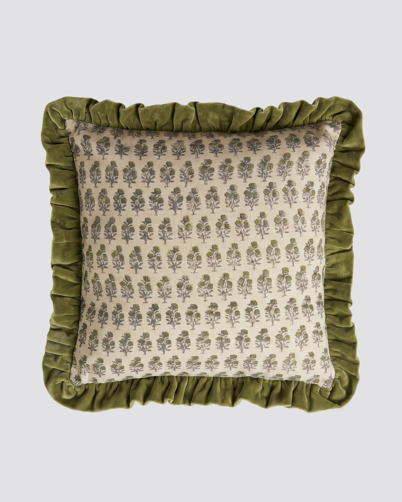 Green frill square cushion cover with a small block print and an olive ruffled edge