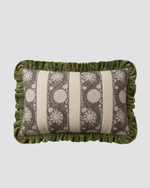 Green frill lumbar cushion cover with a striped floral print and olive ruffled edge