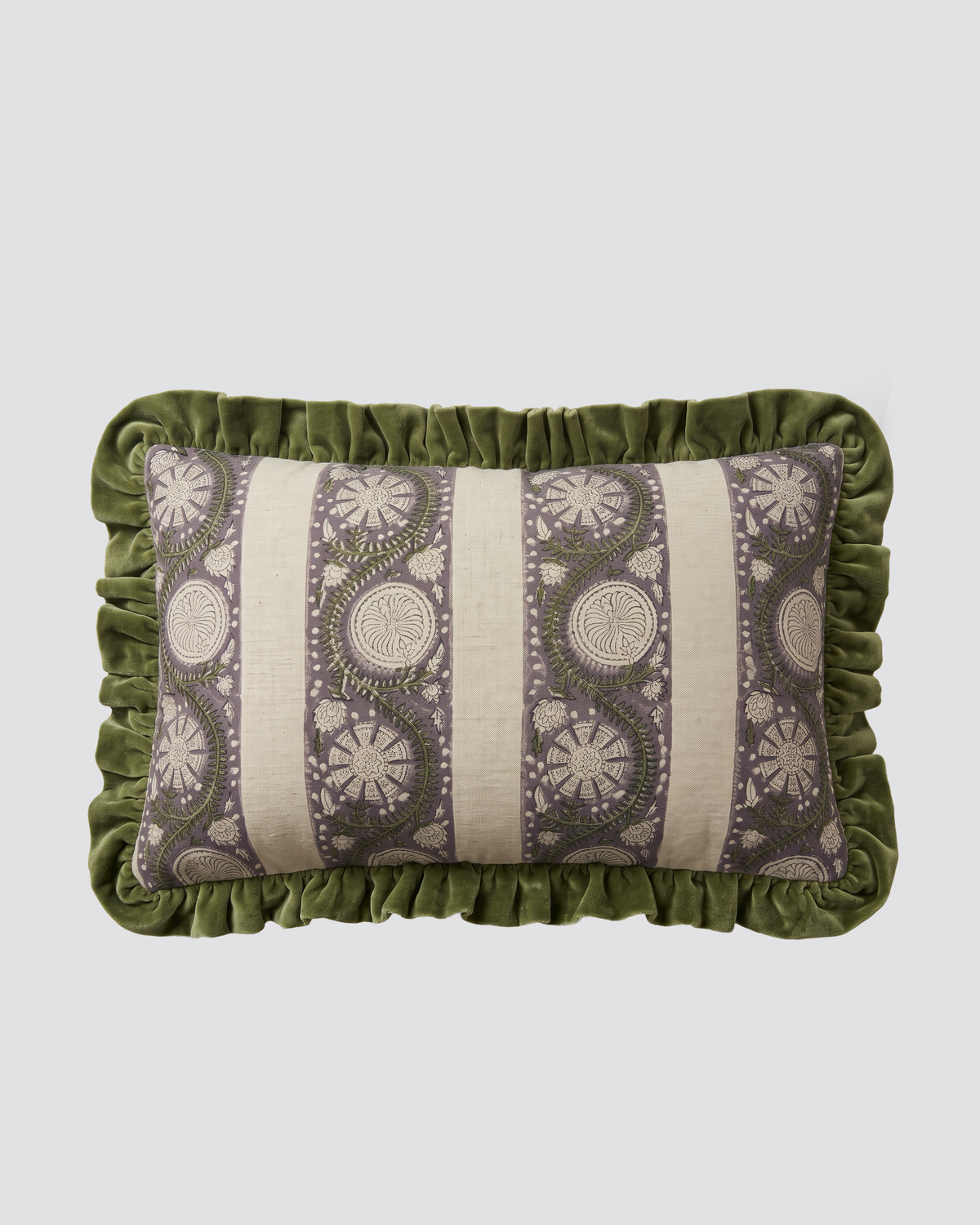 Green frill lumbar cushion cover with a striped floral print and olive ruffled edge