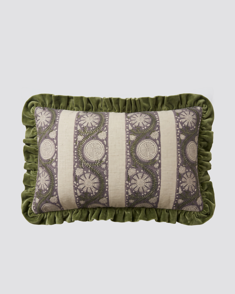 Green frill lumbar cushion cover with a striped floral print and olive ruffled edge