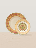 Mor Bagh Dawn dinner plate paired with the peacock side plate on stands