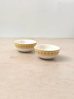 Pair of Mor Bagh Dawn porcelain katori bowls, one set slightly behind the other, angled view