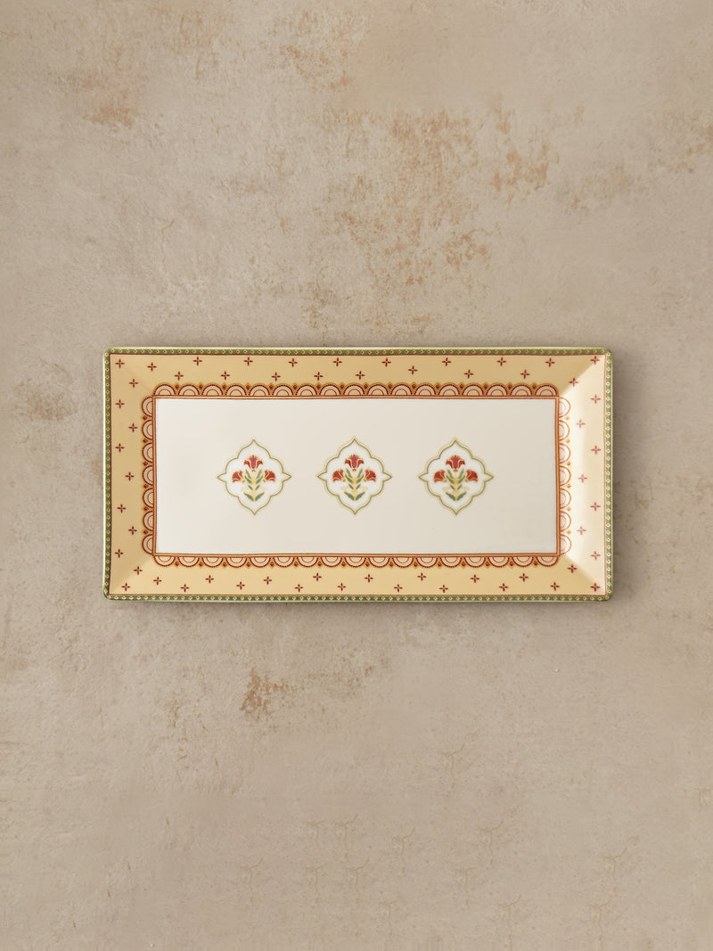 Mor Bagh Dawn rectangular platter from above on a stone background