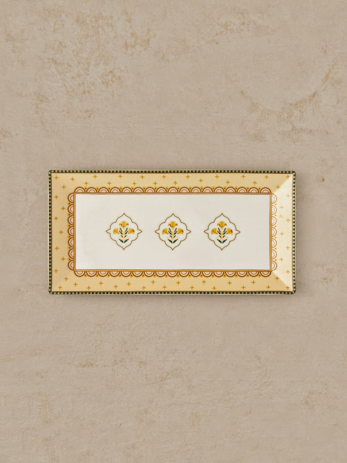 Mor Bagh Dusk rectangular platter from above showing three centre motifs