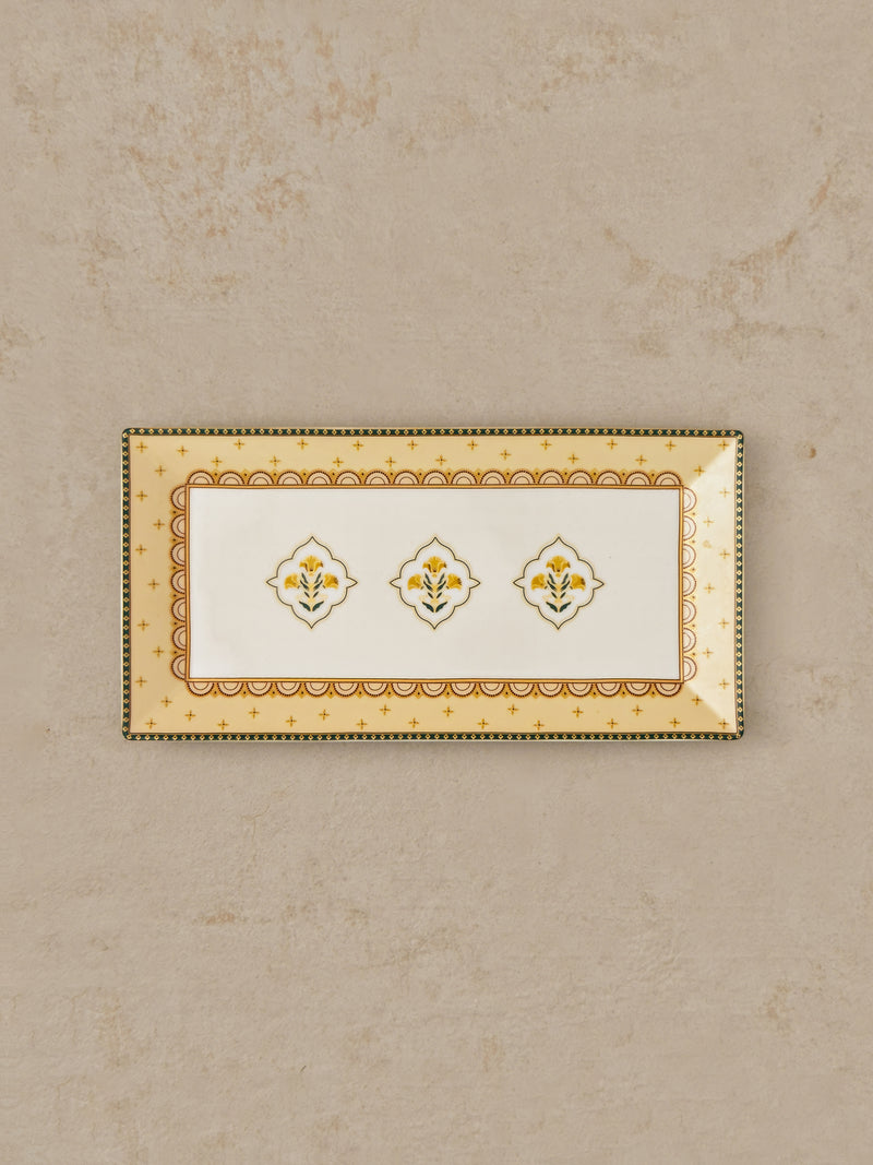 Mor Bagh Dusk rectangular platter from above showing three centre motifs