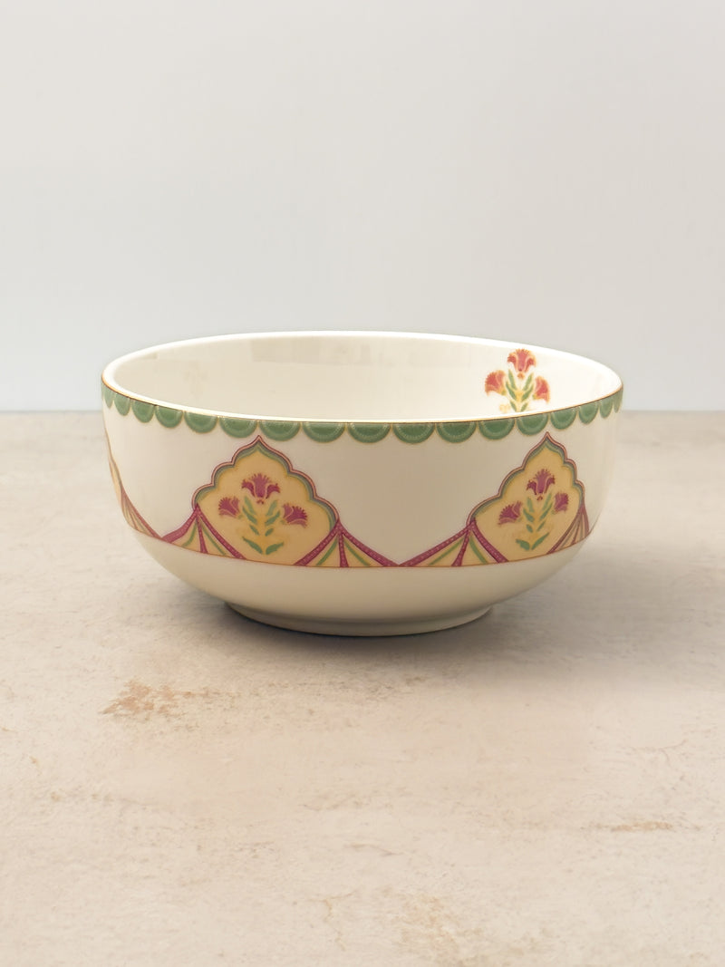 Mor Bagh Dawn porcelain salad bowl with lotus panels and a green printed rim, side view