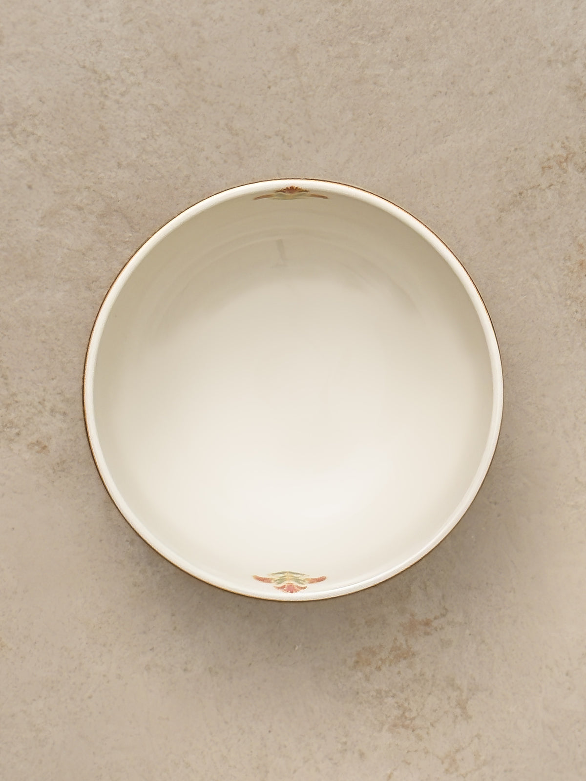 Mor Bagh Dawn salad bowl from above, plain white inside with a fine printed rim
