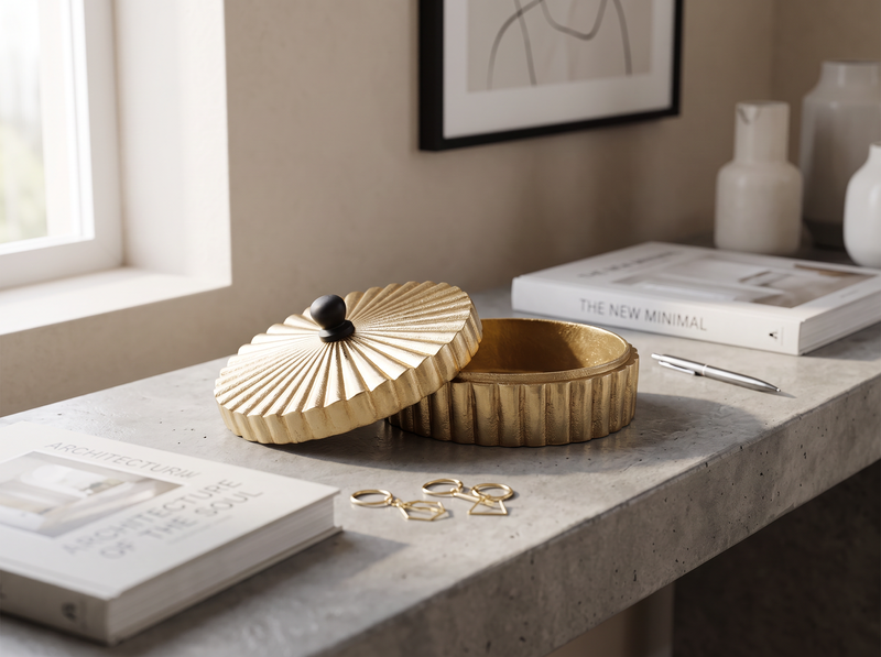 Small gold keepsake box on a desk beside books in a bright room