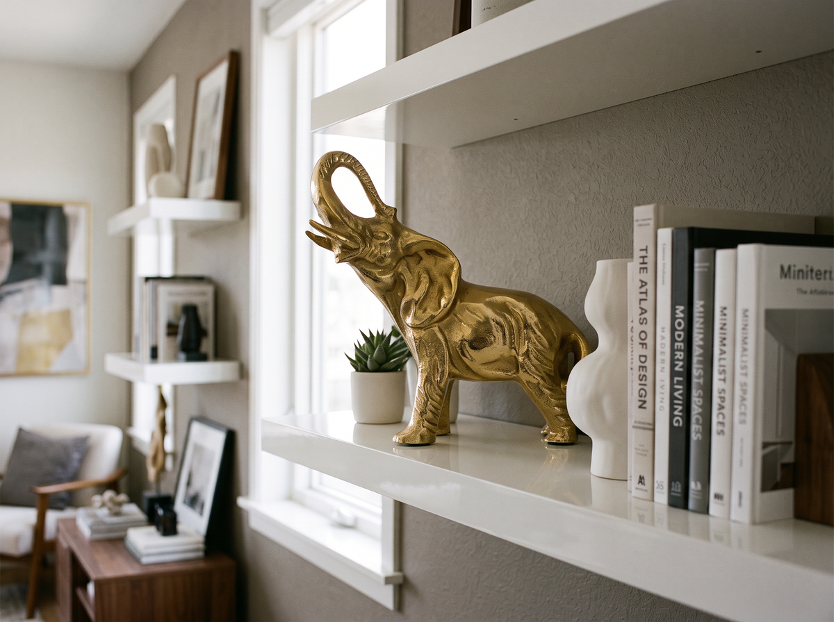 Petite gold elephant figure on a white bookshelf beside books and a vase