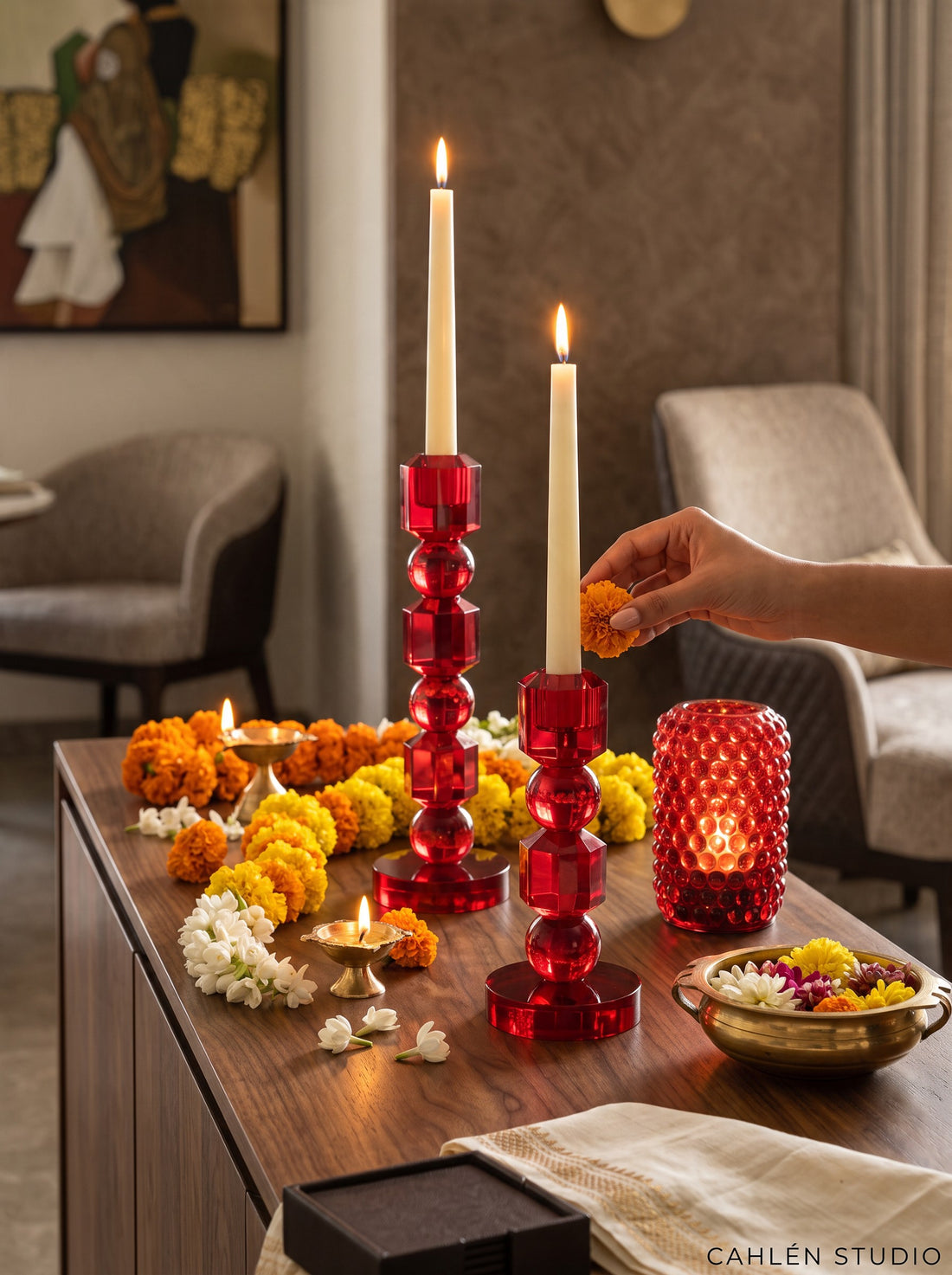 Ruby Faceted Crystal Glass Candle Holder - Large