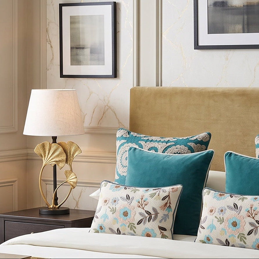 Off white tufted linen pillows with teal cushions on a bed beside a lamp