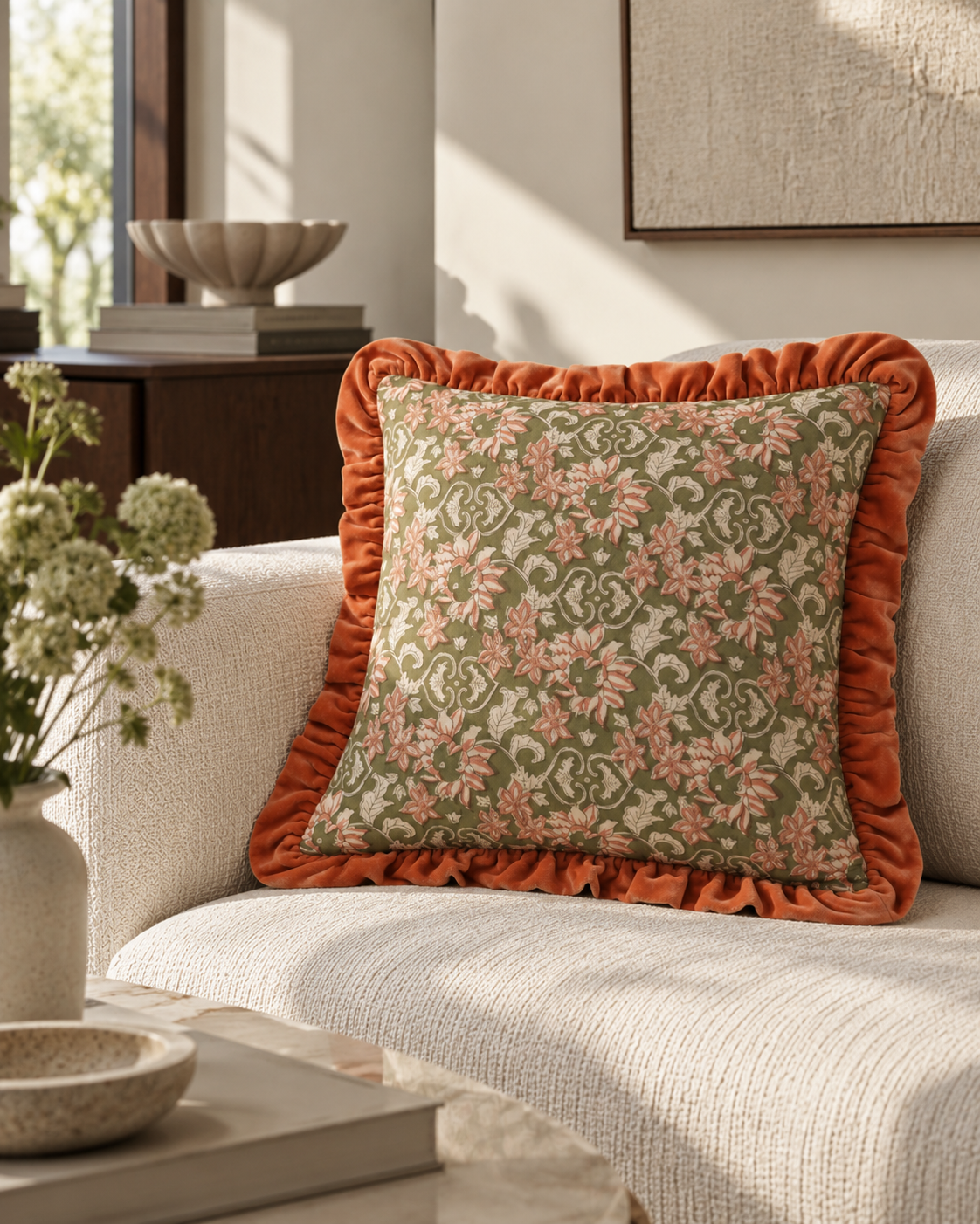 Orange frill cushion with a green and pink floral print on a cream sofa