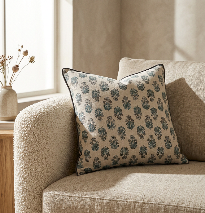 Blue overlock printed cushion on a boucle armchair beside a vase of dried flowers
