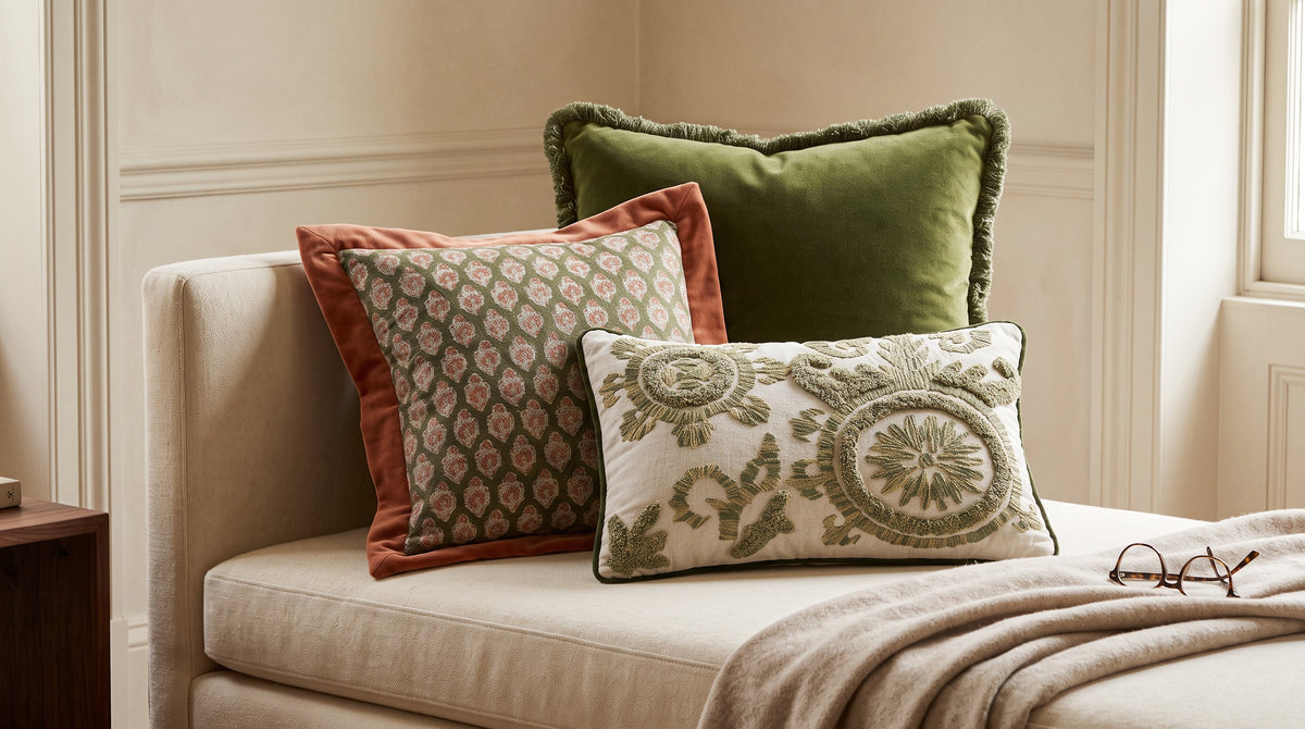 Orange flange cushion cover on a sofa with olive and printed cushions