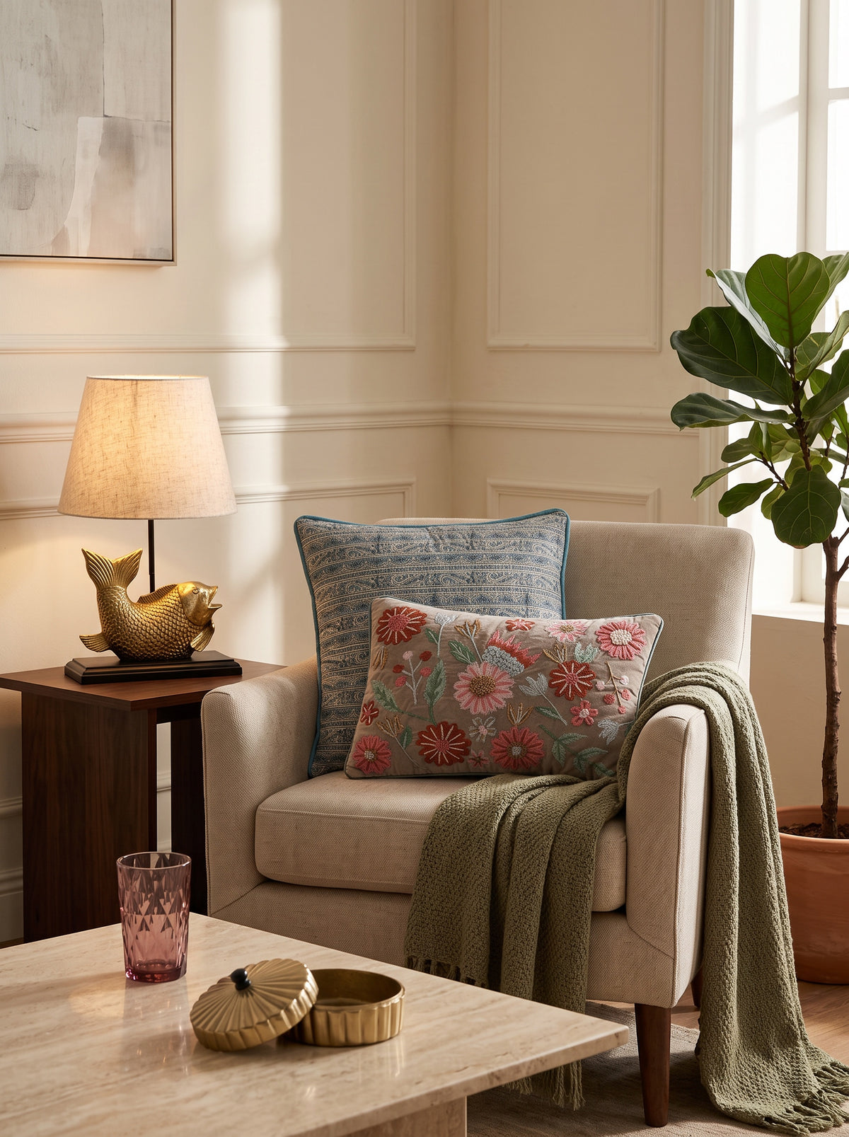 Beige Dori pillow on a cream armchair beside a lamp and a coffee table