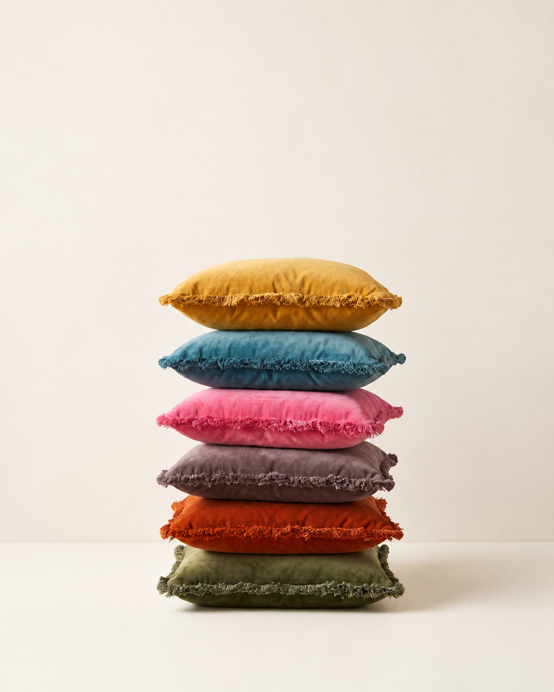 Stack of fringed velvet cushions in mustard, teal, pink, mauve, rust and olive