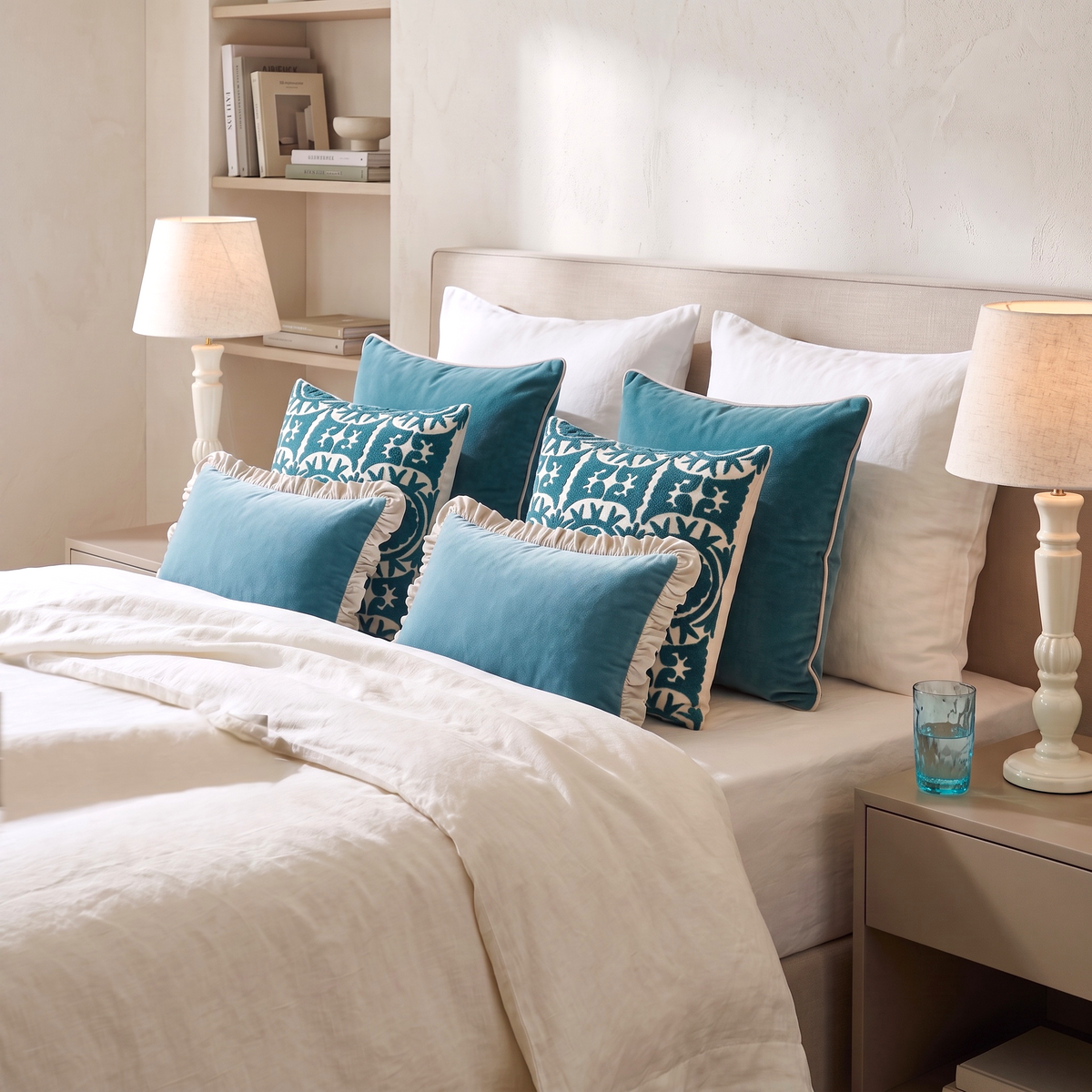 Teal frill velvet cushion covers styled on a white bed