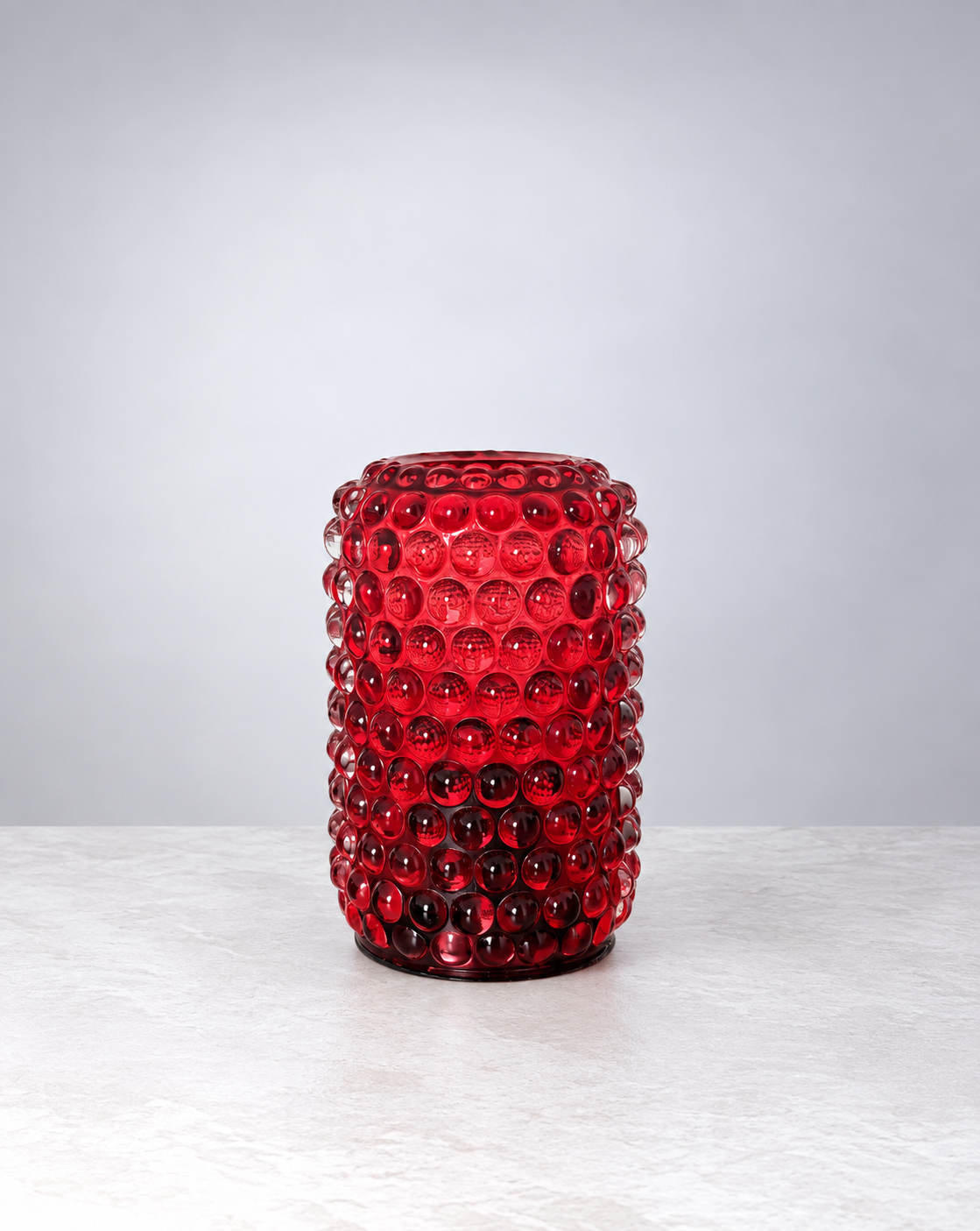 Ruby red crystal bubble glass table light, front view 