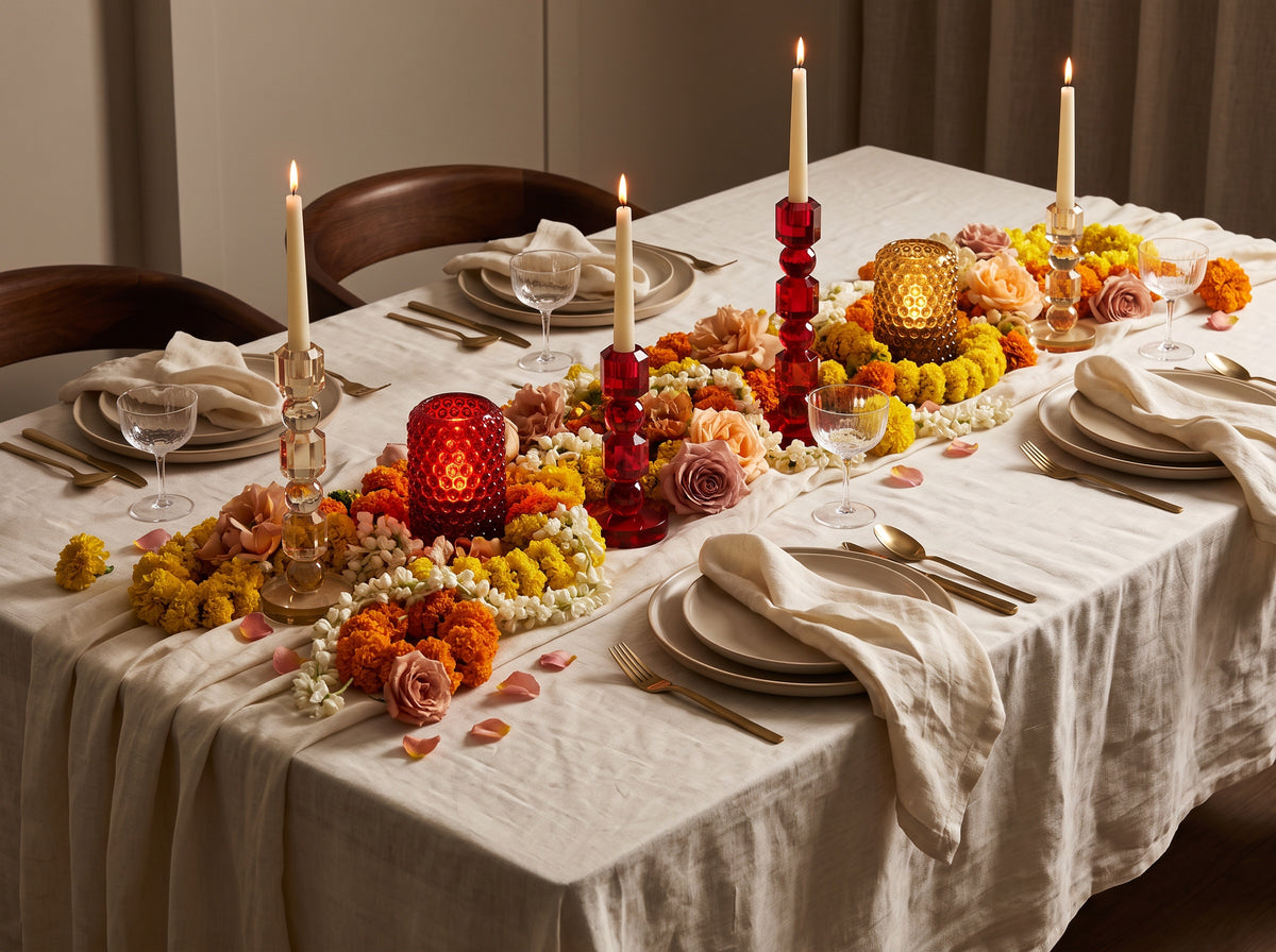 Ruby red crystal candle holders lit on a long dining table dressed with marigolds for a festive meal