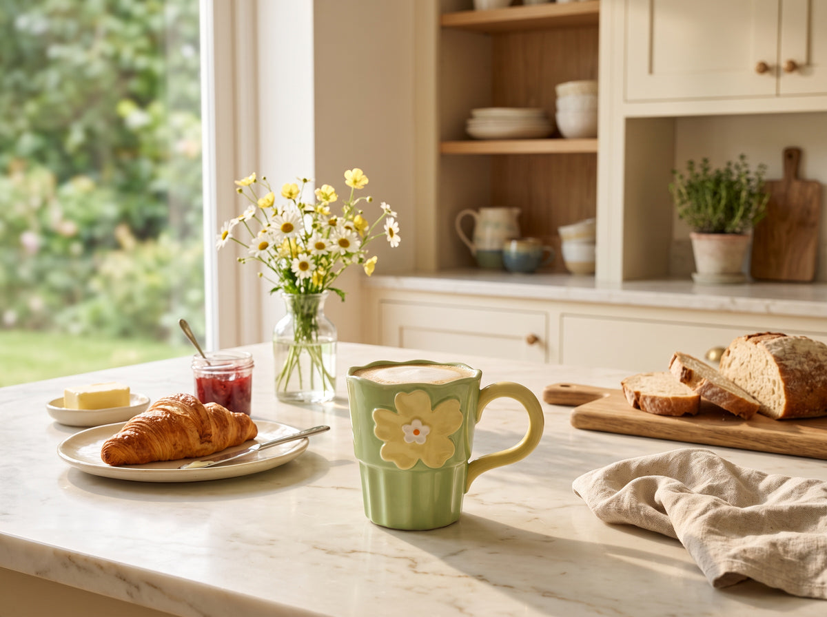 Sage green Blossom mug on a breakfast board with bread and a vase of wild flowers