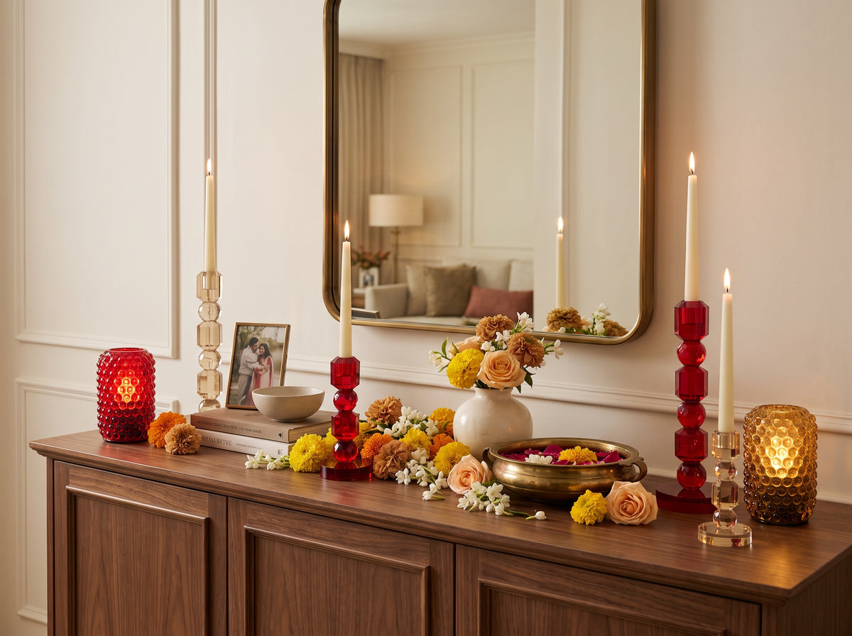 Ruby faceted candle holders on a console beneath a mirror
