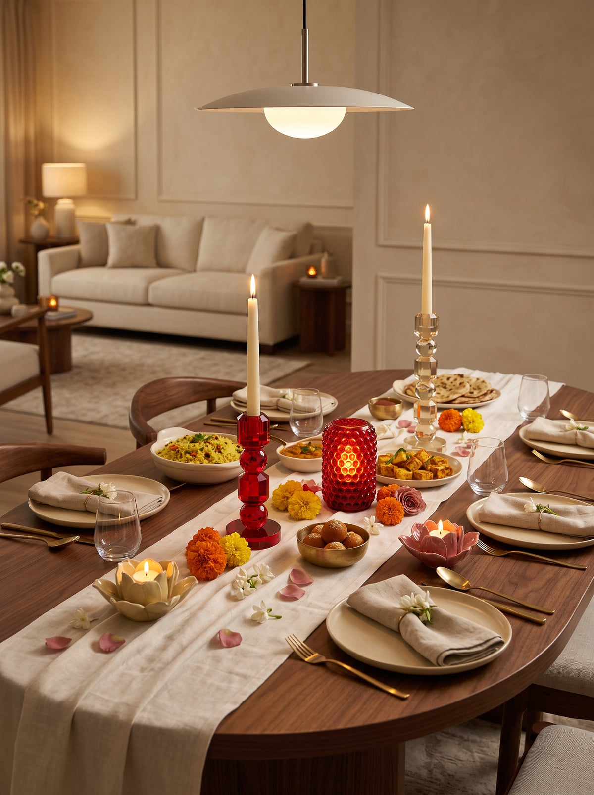 Ruby red bubble glass light on a festive dining table in a living room