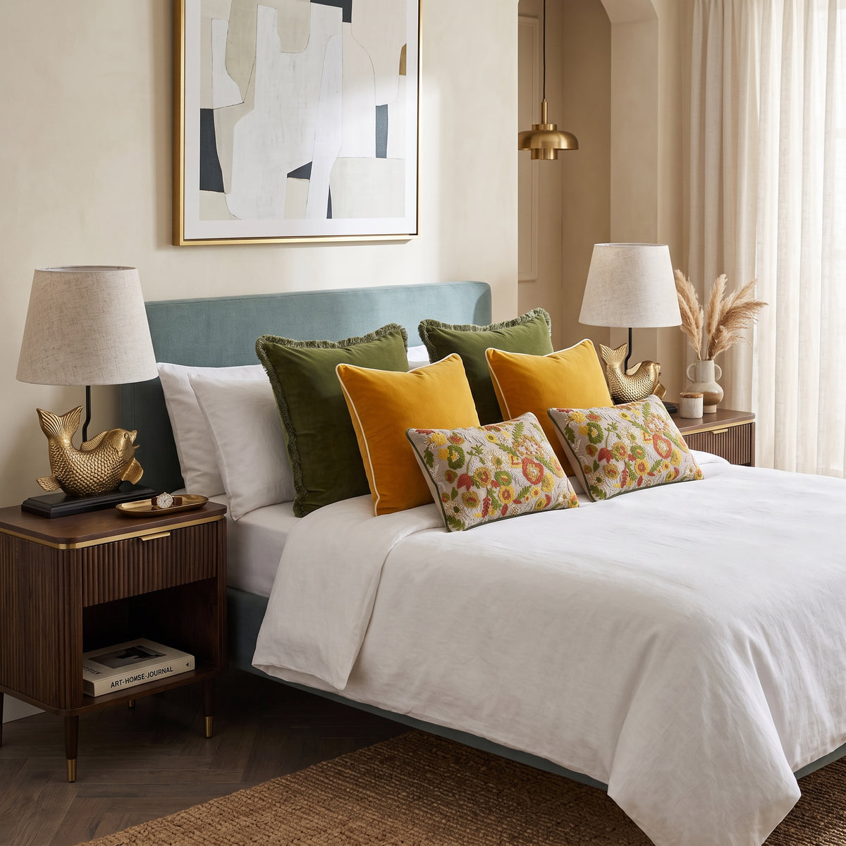 Beige embroidered velvet pillows with olive and mustard cushions on a white bed