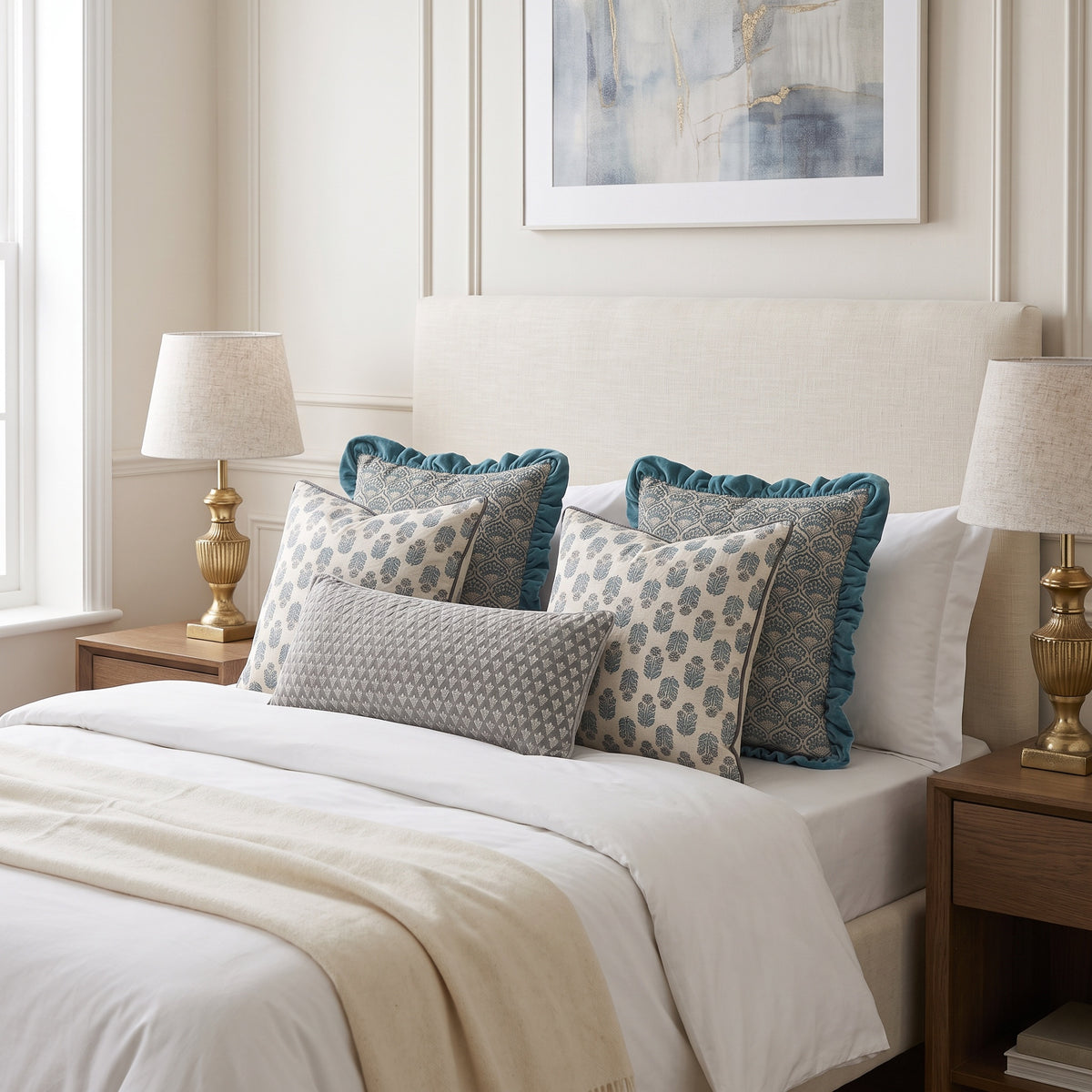 Pair of slim gold reed lamps on bedside tables flanking a bed with blue cushions
