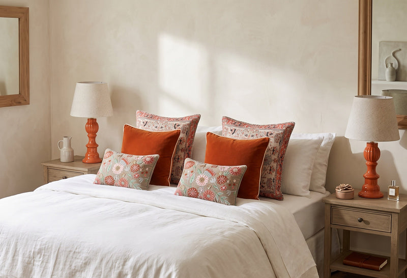 Burnt orange Ember mango wood lamp on a bedside table beside a made bed