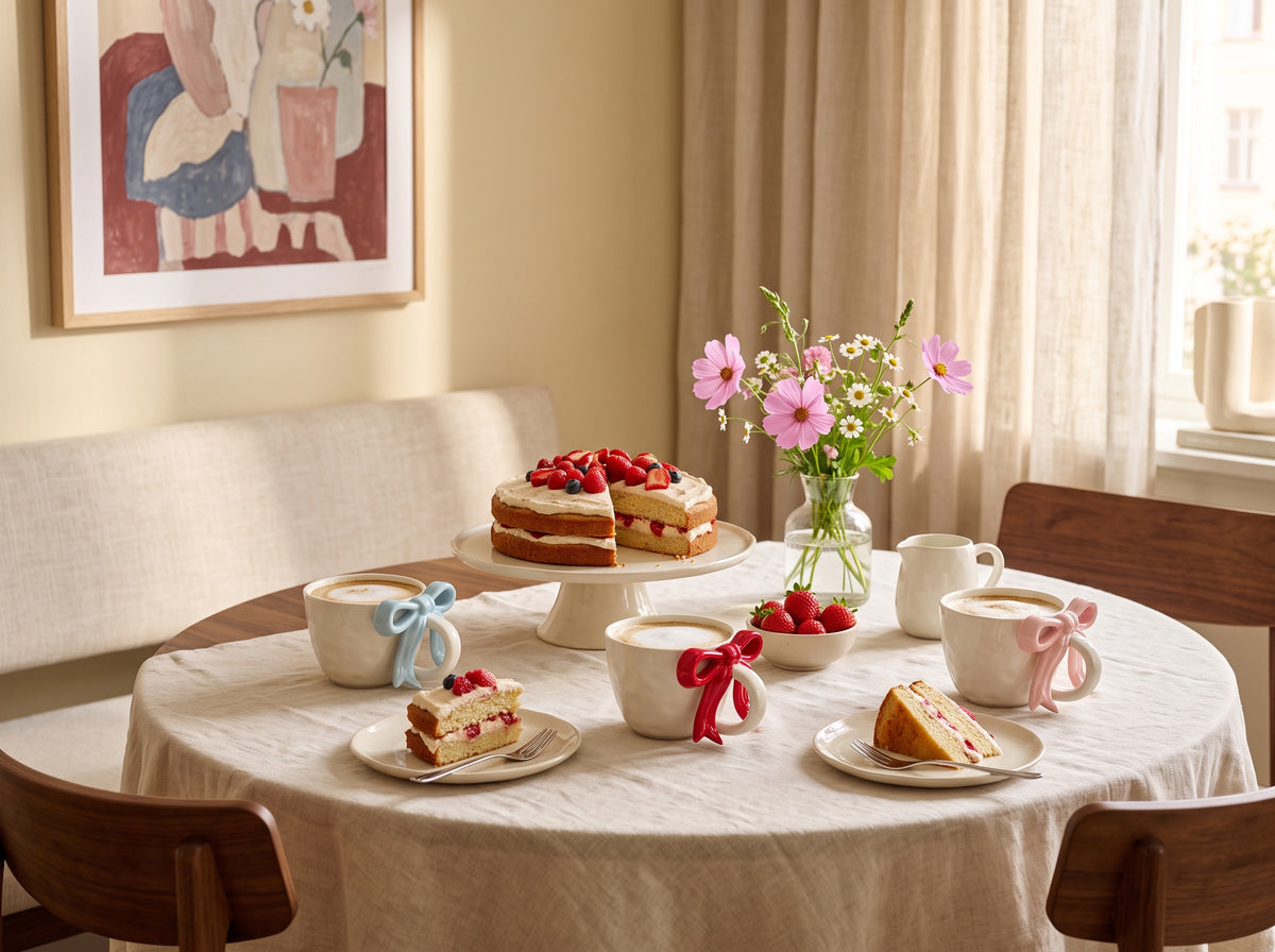 Ribbon Bow mugs in blue, pink and red on a tea table set with cake and flowers