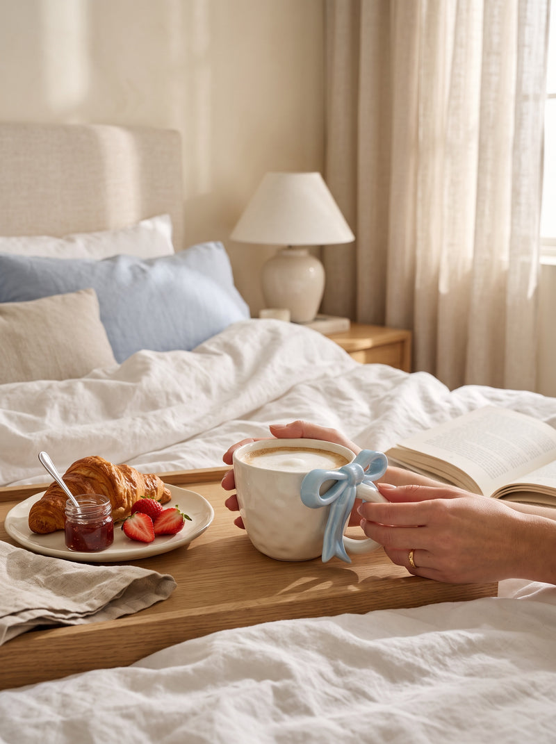 Powder blue ribbon bow mug held over a breakfast tray in bed