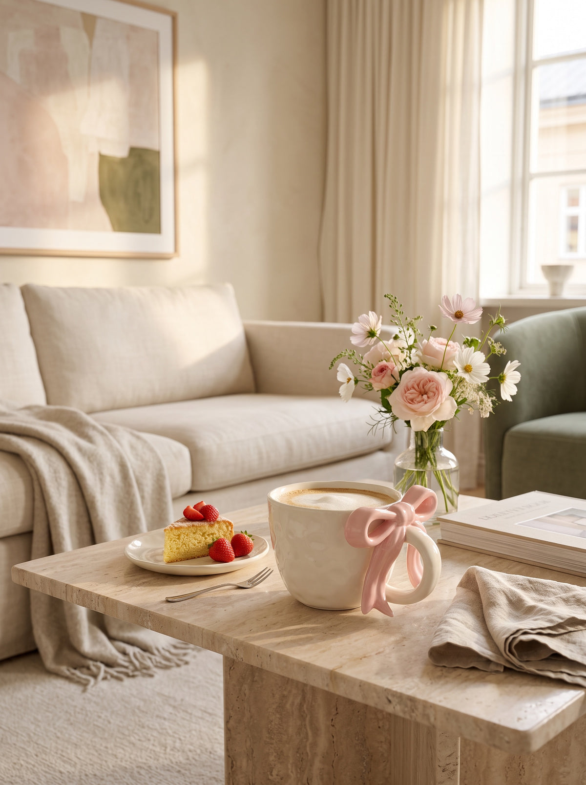 Blush pink ribbon bow mug on a coffee table with flowers