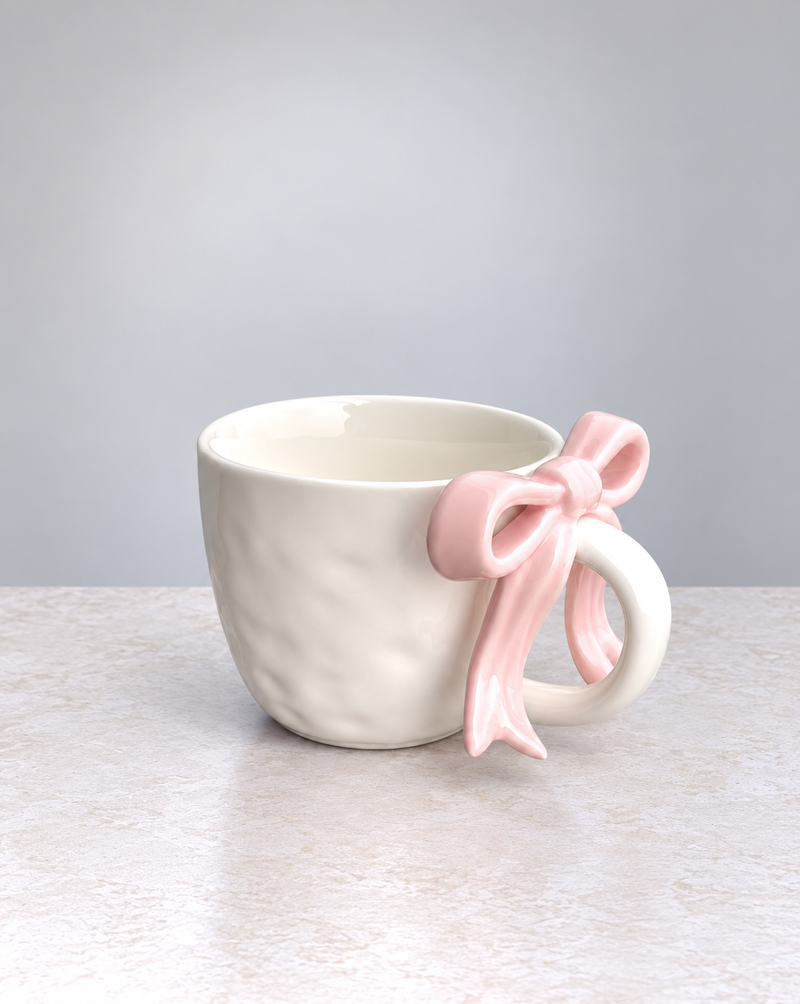 White textured ceramic mug with a blush pink ribbon bow handle