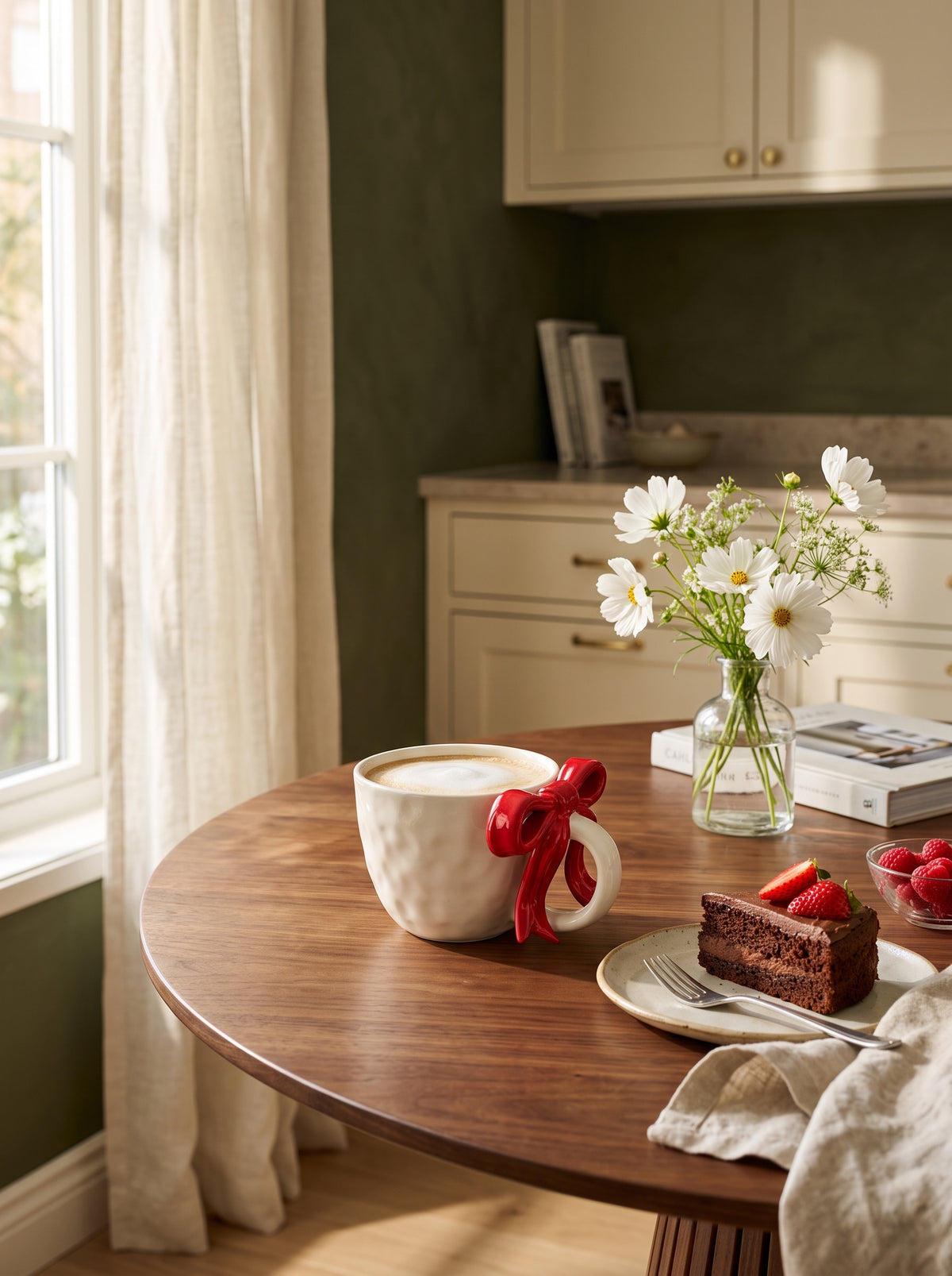 Cherry red Ribbon Bow ceramic mug on a round wooden table with cake and white flowers