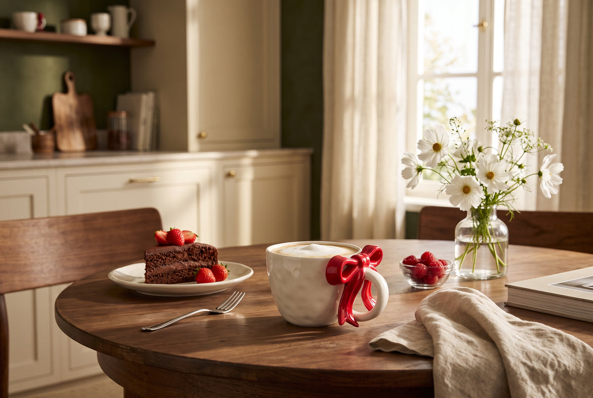 Cherry red ribbon bow mugs on a tea table with cake