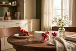 Cherry red ribbon bow mugs on a tea table with cake