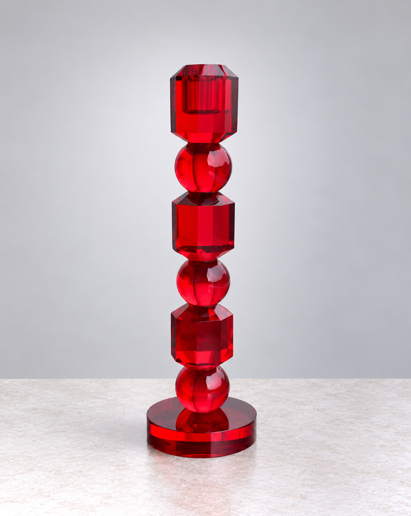 Ruby red faceted crystal glass candle holder, large, stacked geometric form