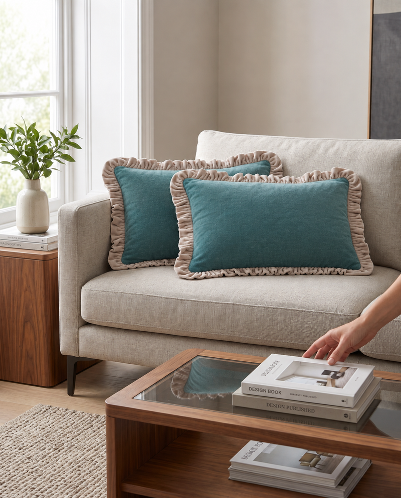 Hand arranging teal frill velvet cushions on a sofa
